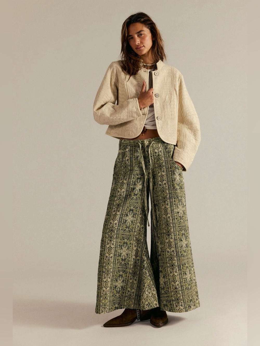 NWT FREE PEOPLE Dahlia Wide-Leg Pants | Lemongrass Combo MSRP $198 Size 8